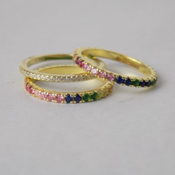 new in box! set of 3 stacking rings gold with rainbow diamonds cz eternity band - Picture 1 of 6